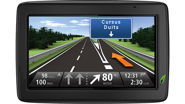 Screenshot navigatiesysteem met tekst Cursus Duits naast landkaart met Almere aangegeven - in kleur op transparante achtergrond - 600 * 337 pixels